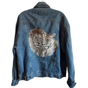 VTG Braxton Lion Pride Denim Jacket Graphic Trucker Medium Wash Blue M